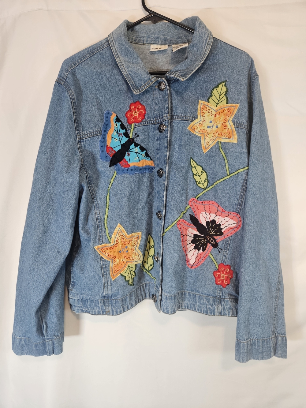 Vintage White Stag Light Blue Denim Jacket Floral & Butterfly Patches Art Deco